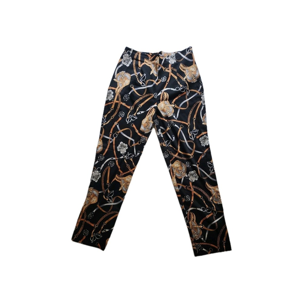 B&J Women's Size 10 Equestrian Saddle‎ Bridle Print Wide Leg Pants Black Gold